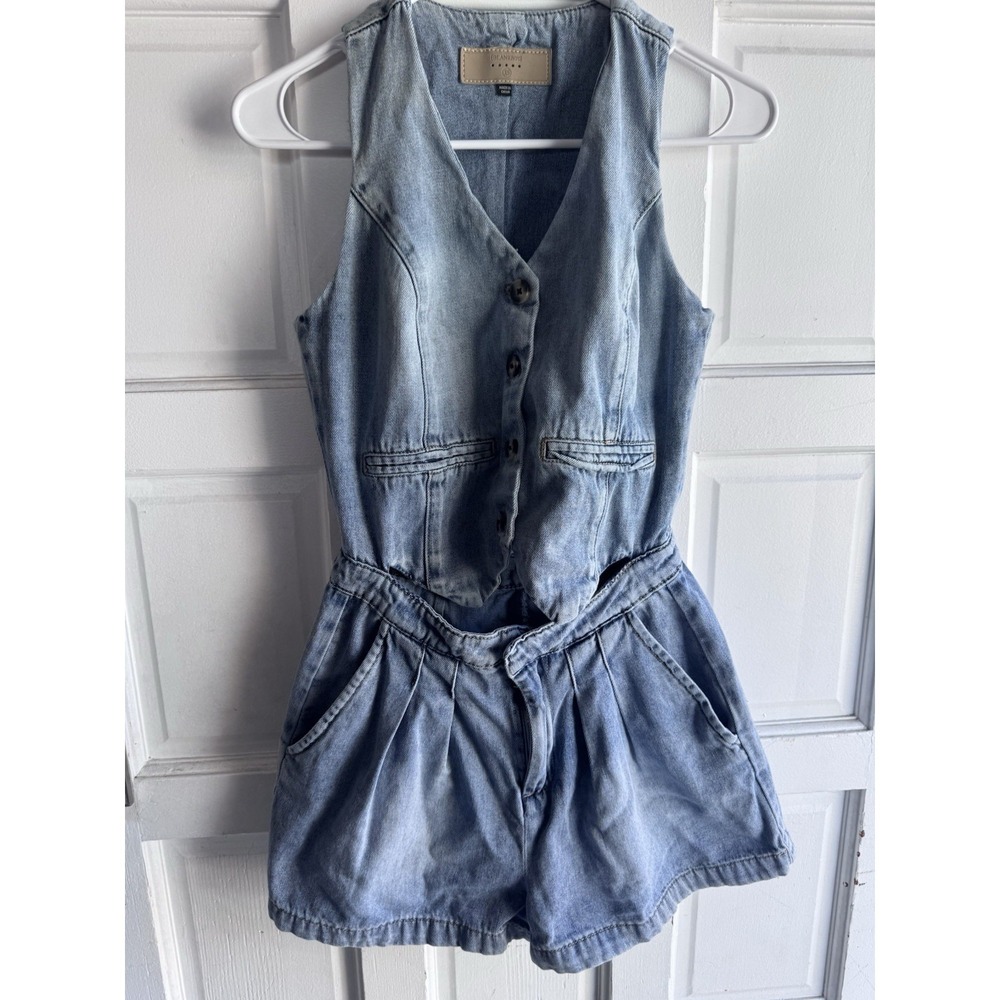 BLANKNYC Denim Romper Blue XS Sleeveless Button Front V-Neck Pockets Women